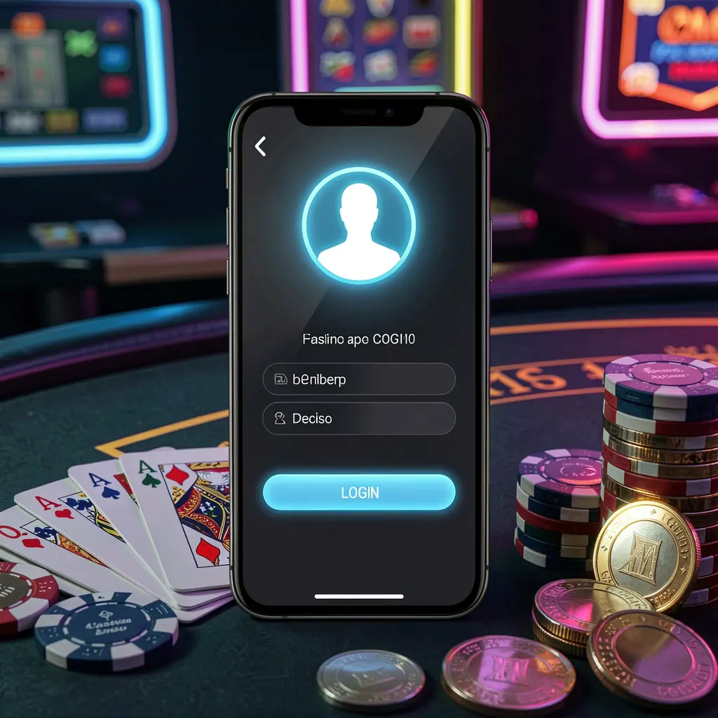 F333 casino app login scene on smartphone with glowing user profile icon, surrounded by chips, cards, and coins against an elegant dark background with neon highlights