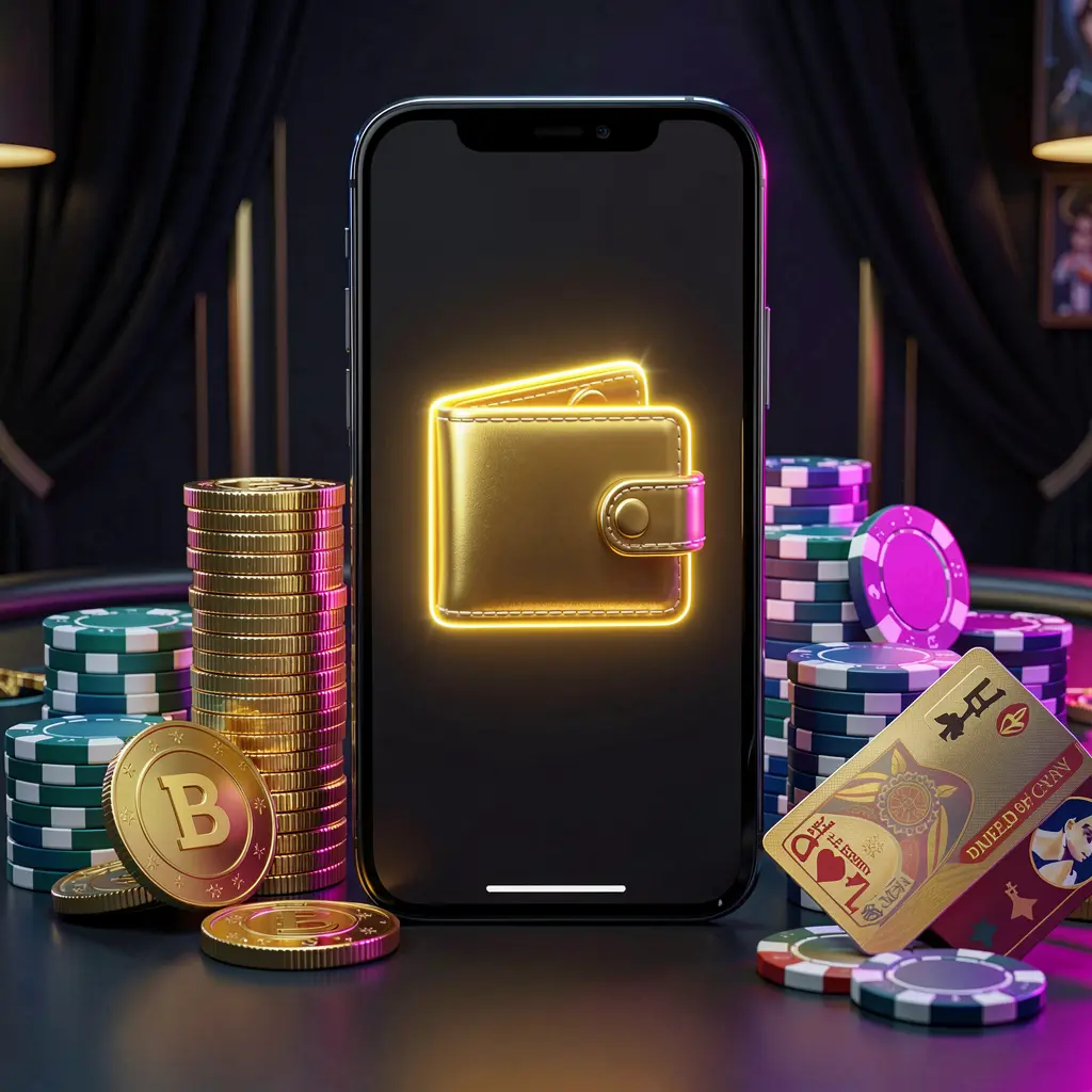 F333 online casino deposit bonus concept with a smartphone screen displaying a glowing wallet icon surrounded by stacks of golden coins, poker chips, and bank cards on a dark luxury background with neon highlights in a realistic 3D style