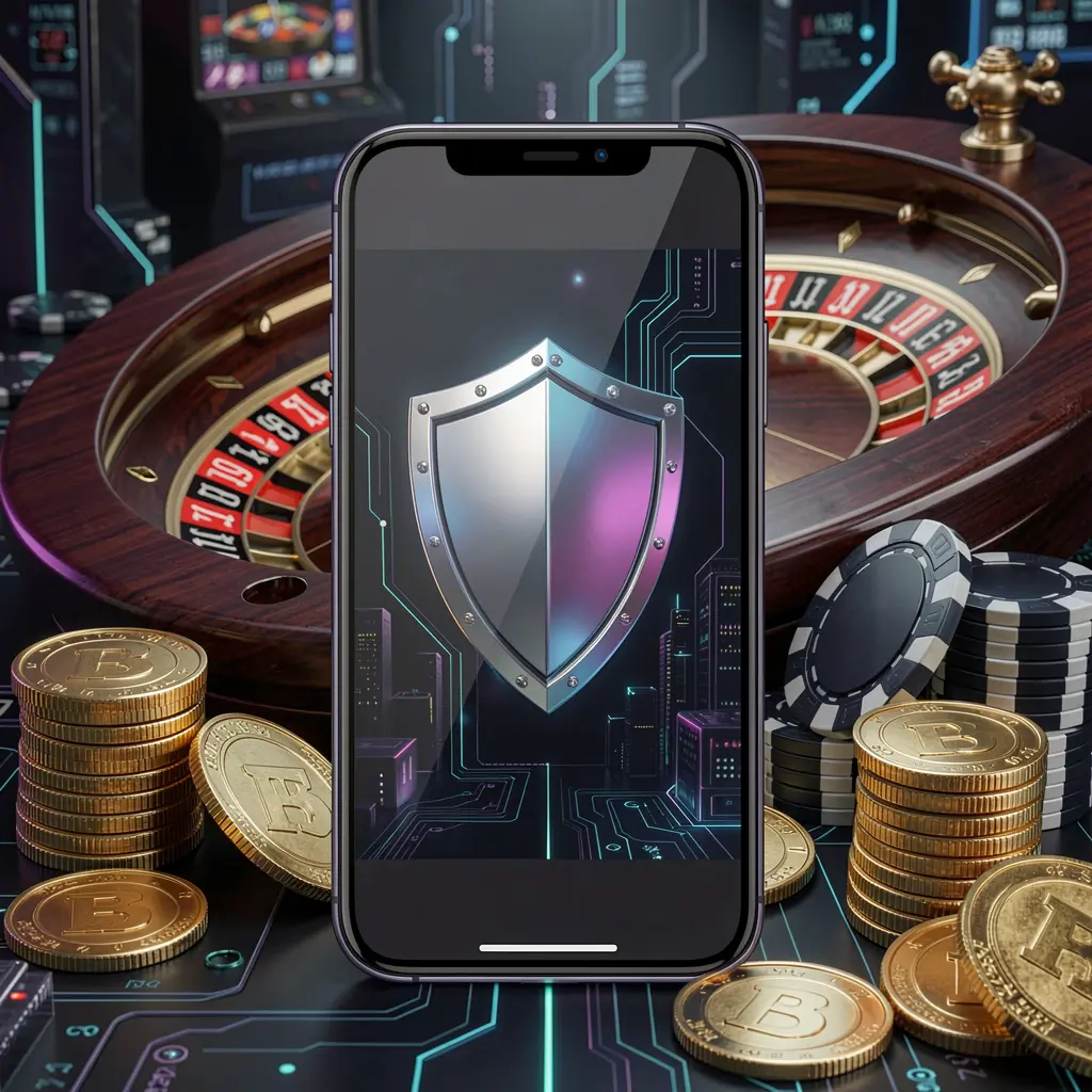 F333 secure mobile casino login screen showing a phone with a shield icon, roulette wheel, poker chips, and golden coins in a dark cyber luxury atmosphere
