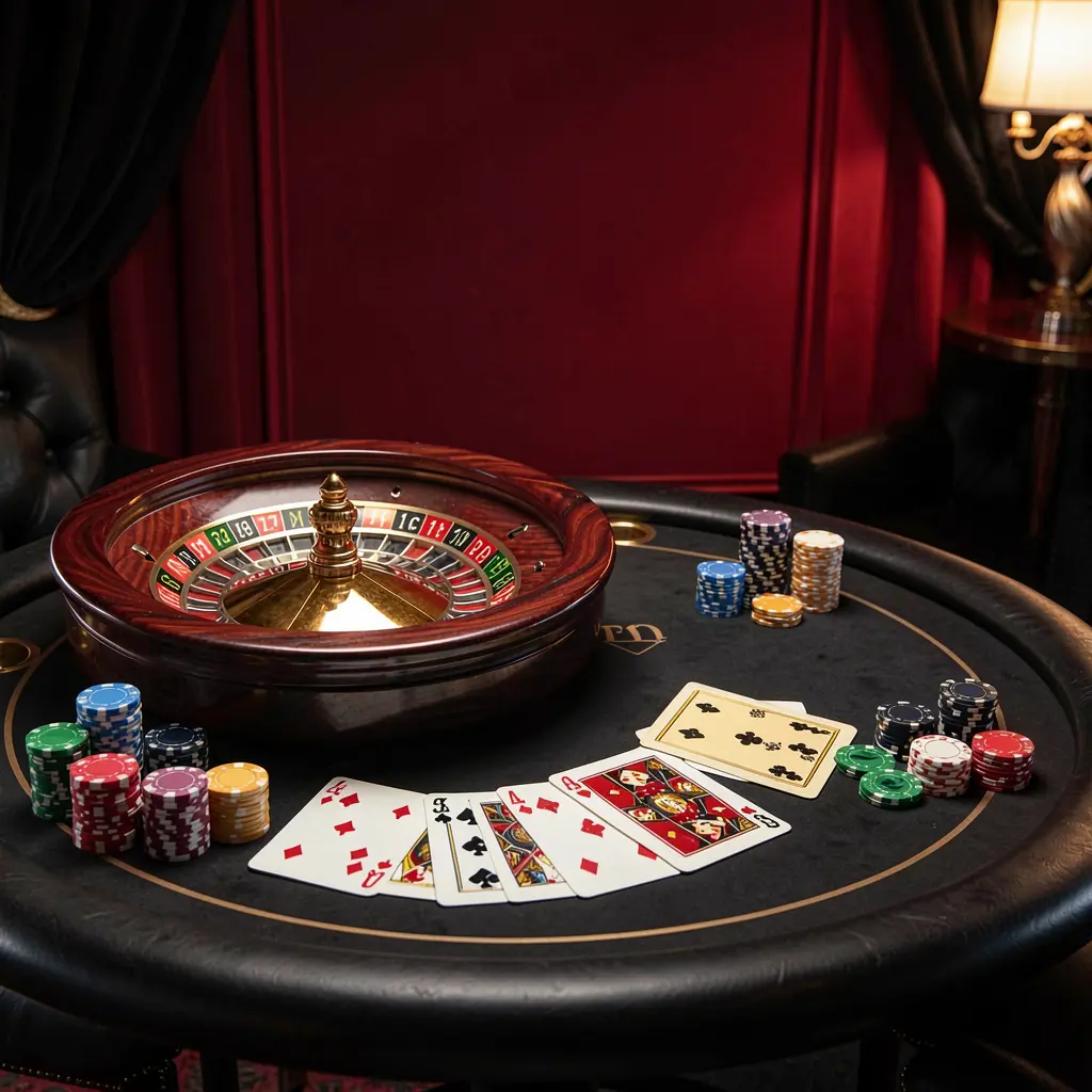 F333 online casino platform hero image featuring an elegant gaming table with roulette wheel, blackjack cards, poker chips, and coins under luxury cinematic lighting with a black and red background